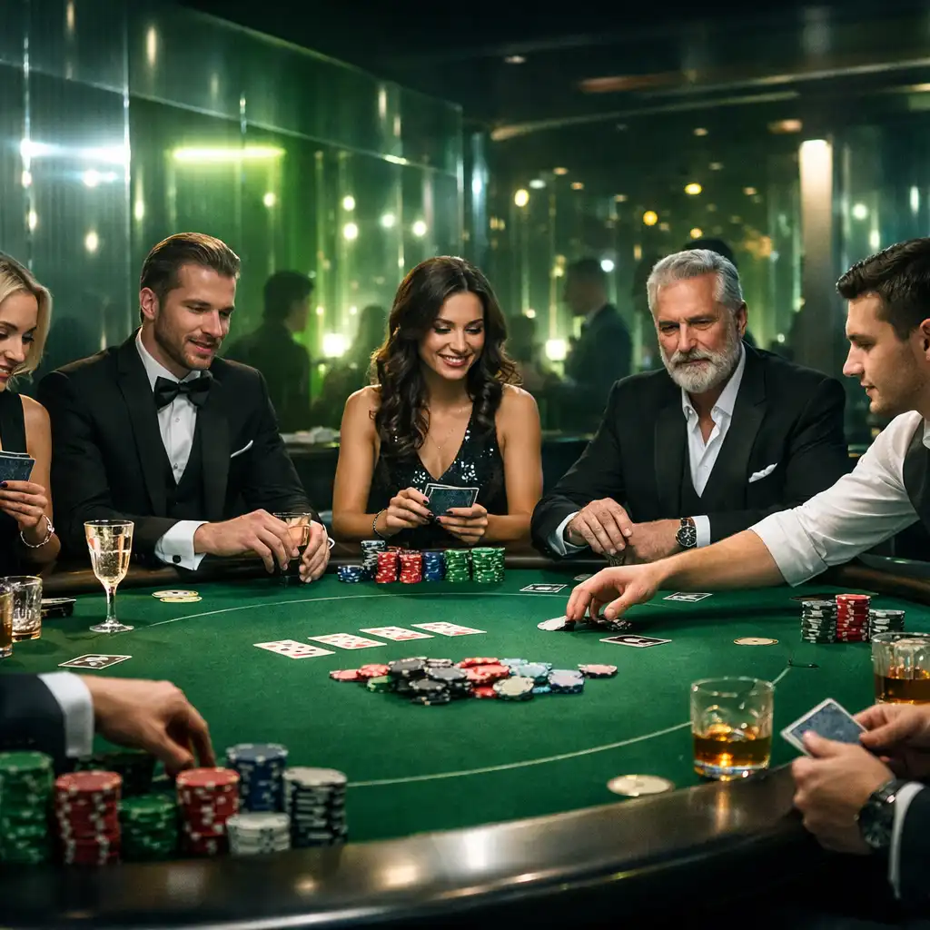Kinowy baner wieczoru pokerowego z neonowym światłem i eleganckim stołem