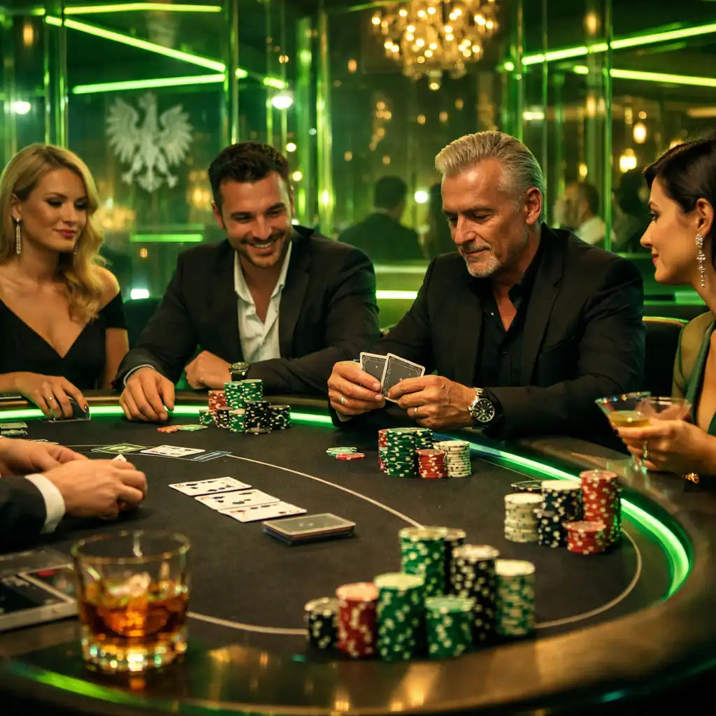 Neonowo oświetlony stół pokerowy podczas nocnego eventu firmowego w klimacie premium