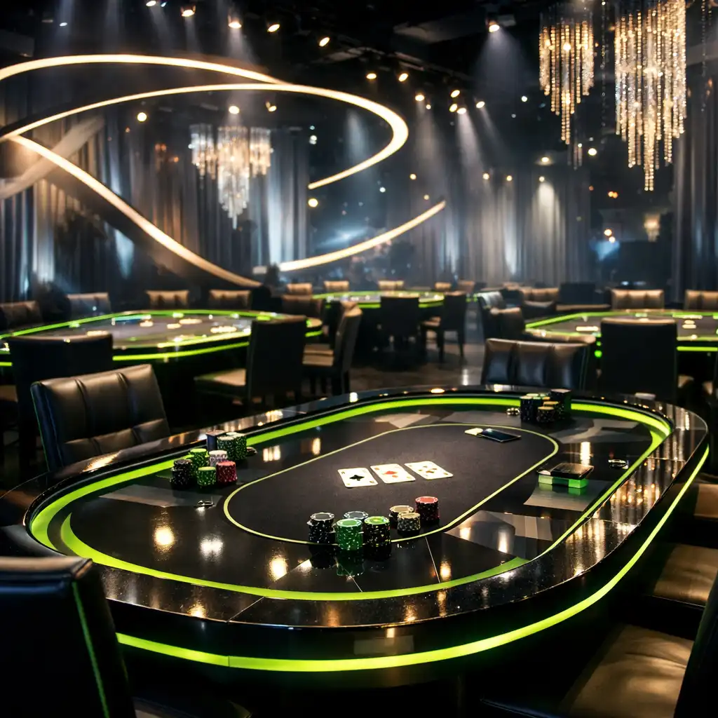 Ekskluzywna, neonowa scenografia wieczoru pokerowego w ciemnej, eleganckiej przestrzeni