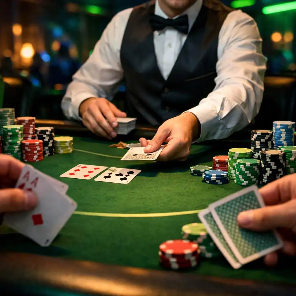Profesjonalny stół pokerowy z żetonami i kartami podczas wieczoru integracyjnego