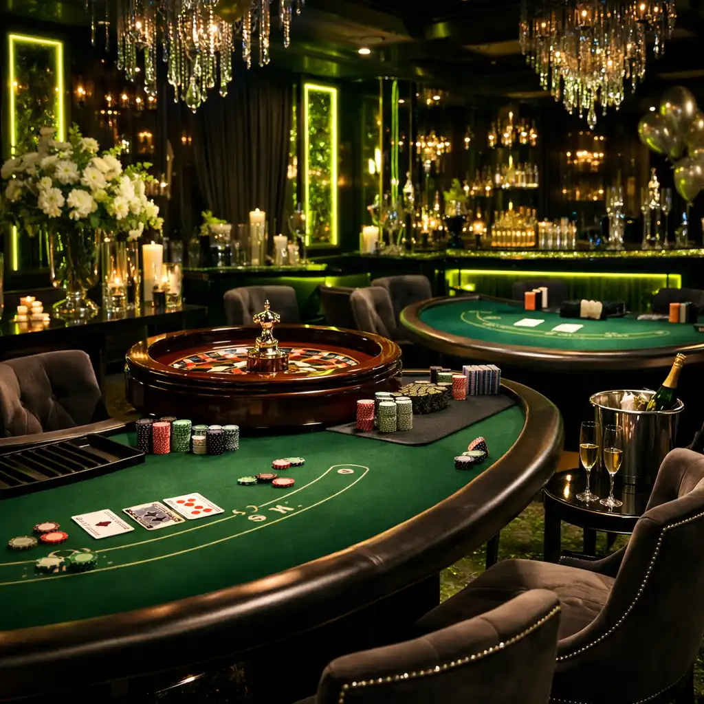 Zestaw profesjonalnych stołów do rekreacyjnych gier: poker, ruletka i blackjack przygotowanych na prywatny wieczór