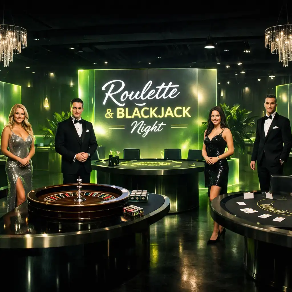 Elegancko zaaranżowane stoły ruletki i blackjacka podczas wieczoru eventowego