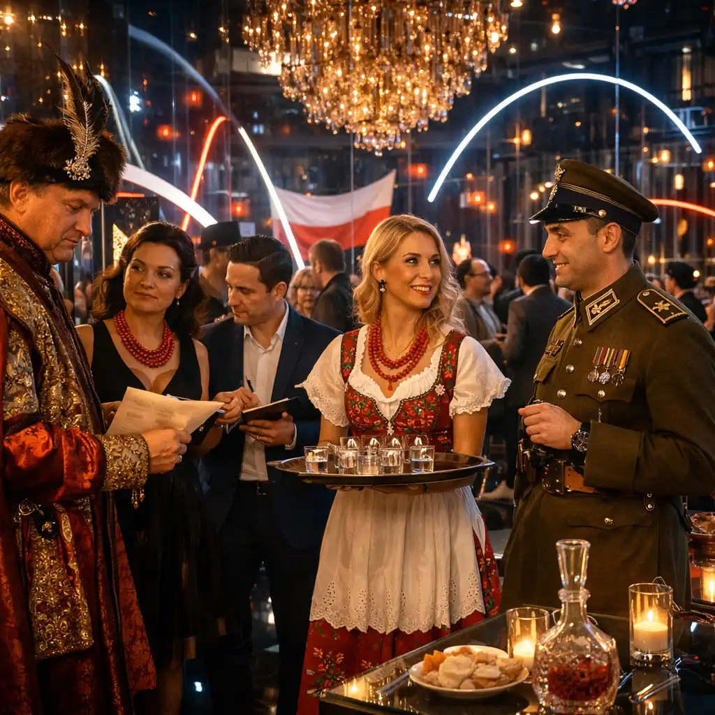 Tematyczny scenariusz wieczoru integracyjnego z elegancką oprawą świetlną i uczestnikami w stylizacjach